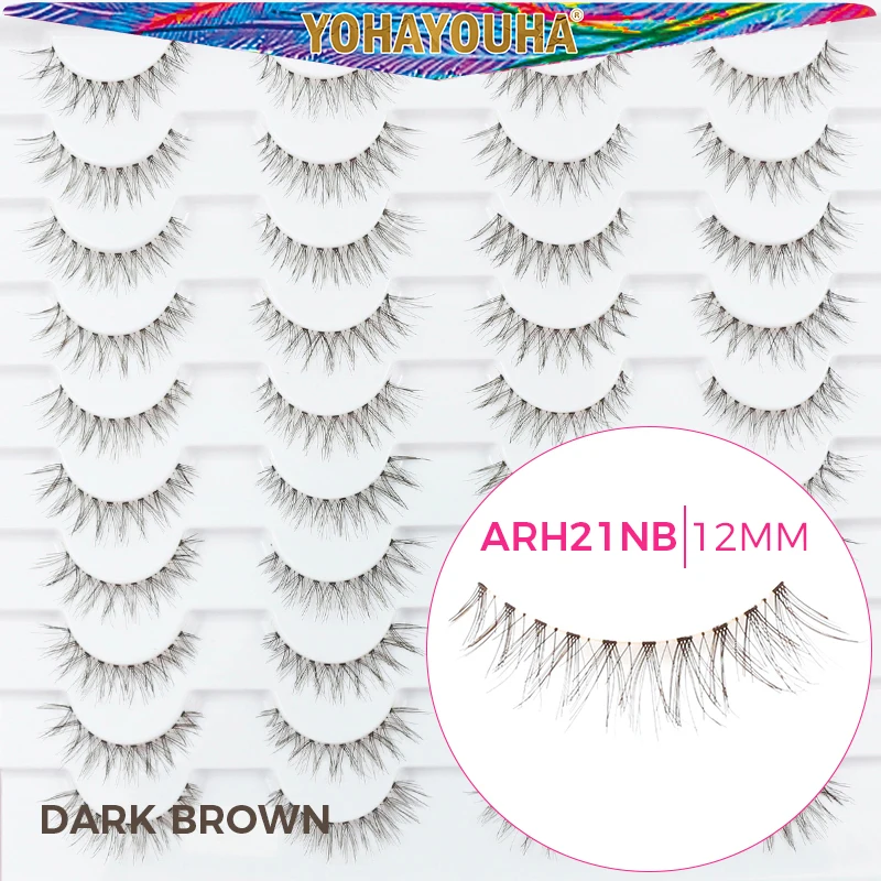 

YOHAYOUHA 12mm 20 Pairs Cils Naturels Humain Invisible Clear Band Short Coffee Lashes With Dark Brown Marron Color Minks Fluffy