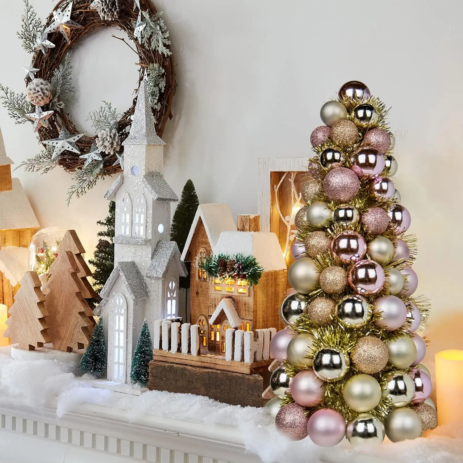 شجرة عيد الميلاد الصغيرة مقاس 16 بوصة مع 94 زينة مقاومة للكسر - ديكور ذهبي وردي #4