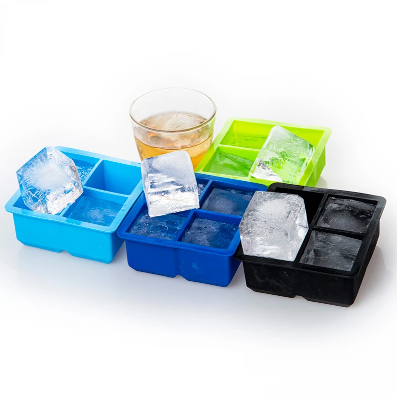 Big Ice Cube Maker Tray Silicone Square Ice Mold Mould for Whiskey Cocktail Brandy Large Cubitera Ice Tray Ice Cube Mold 4 Grid