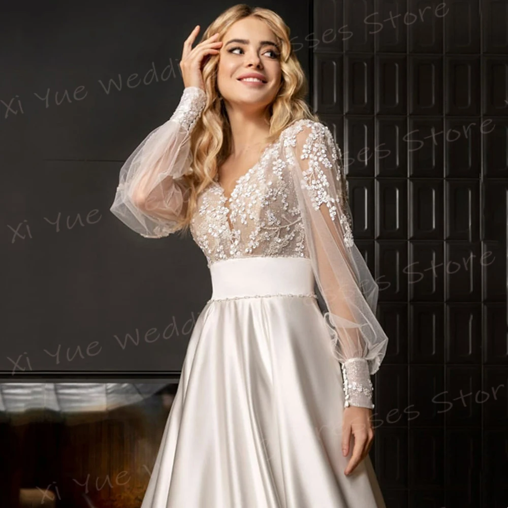 Generous Beautiful A Line Women's Wedding Dresses Simple Lace Appliques Bride Gowns Elegant V Neck Long Sleeve Vestido De Noivas