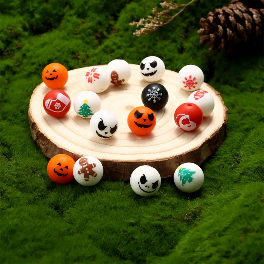 15mm Round Print Pattern Silicone Beads 10Pcs Christmas Day Halloween Teether Chew Beads For DIY Necklace Pacifier Chain