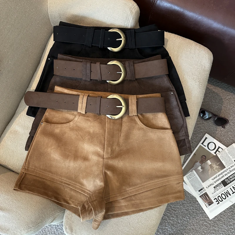 Simple Solid 2026 Autumn Winter Korean Version Versatile A-word Wide-leg Shorts Women's High Waist Casual Fashion Short Pants