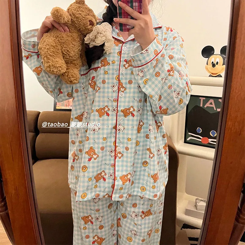 Kawaii Cute Rilakkuma Pajamas Long Sleeved Pants Sweet Cartoon Loose Comfortable Ins Cute Girl Birthday Gift for Girlfriend