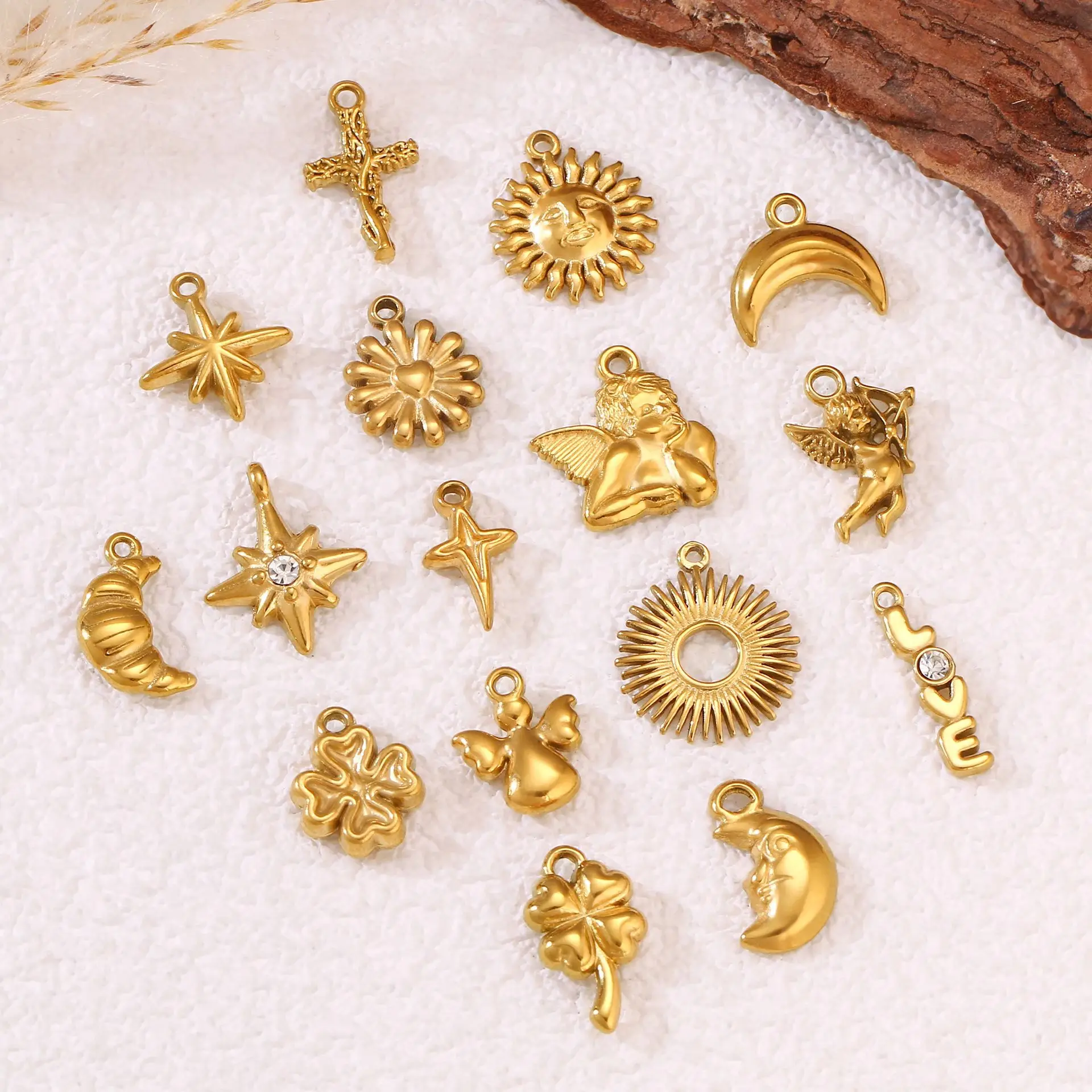 3 pçs mini 3d anjo/cruz/trevo da sorte/estrela encantos amuleto de aço inoxidável pingentes diy brincos/pulseira/colar jóias fazendo