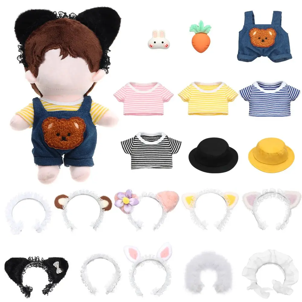 20cm Plush Doll Headwear Lace Headband Miniature Hat Doll Overalls Tops T-Shirt For 14inch Doll Clothes Plush Toys Decor