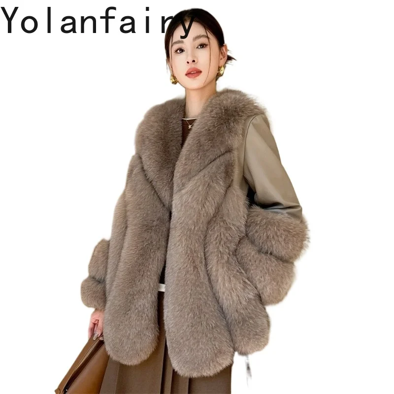 

YOLANFAIRY New Women Mid Length Genuine Sheepskin Down Coat 2026 Real Fox Fur Coats Luxury Leather Fur Jacket Winter Outerwear