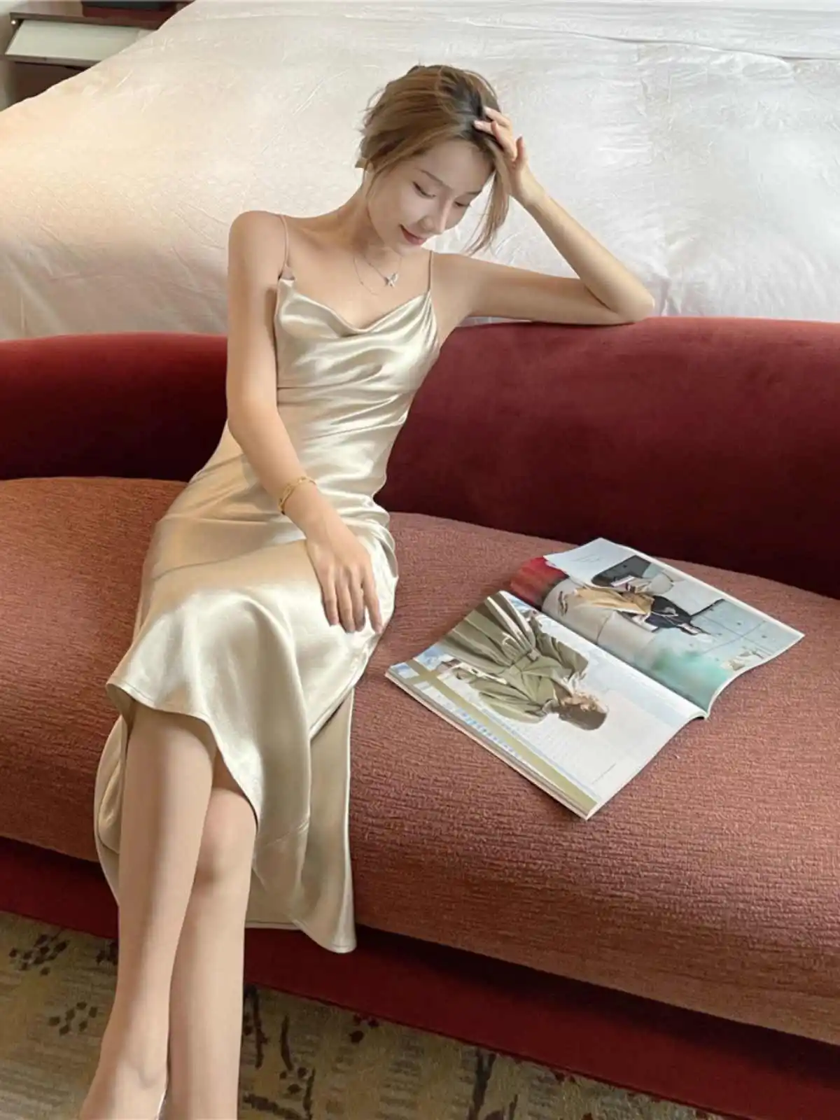 Robe longue française en Satin pour femmes, tenue de soirée, Sexy, col oscillant, plage, couleur unie, polyvalente, Slim, été