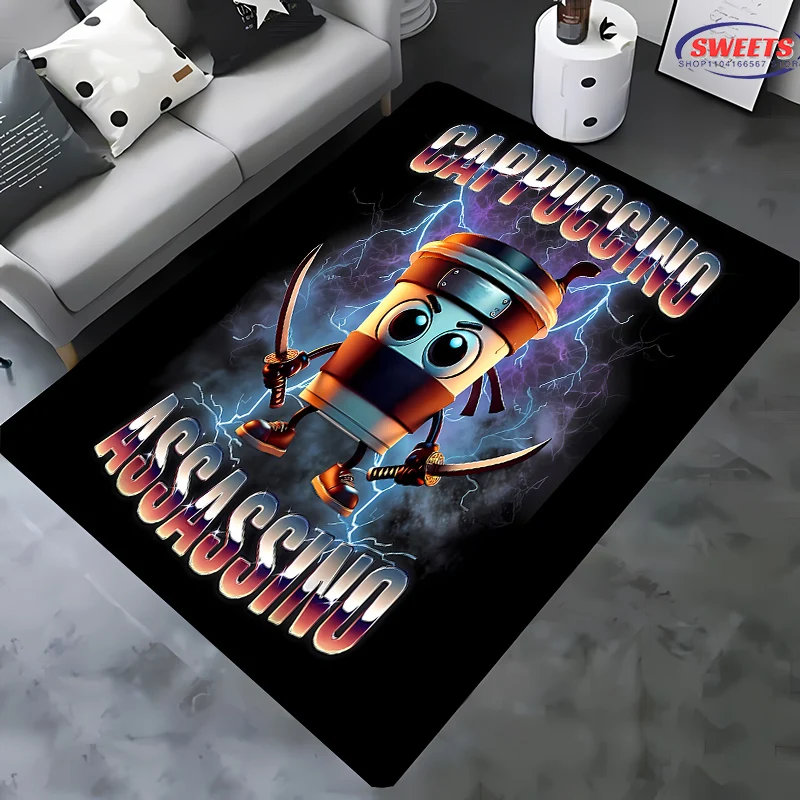 Virtual Italian Brainrot Ninja Coffee Cup Carpet Cartoon Floor Mat for Living Room and Bedroom Decorative Area Rug Perfect Gift