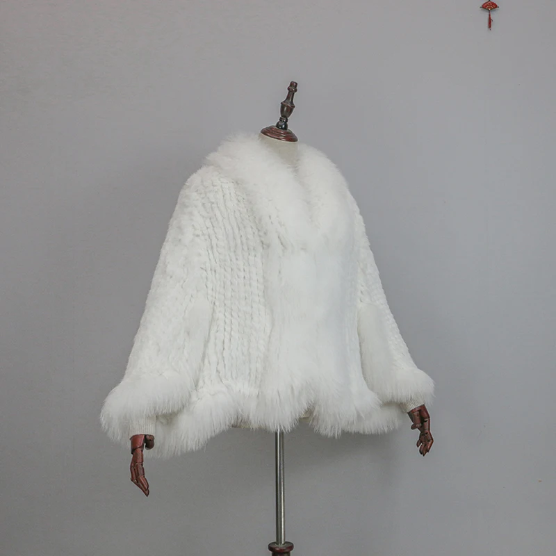 New Extra Long Real Genuine Natural Knitted Rabbit Fur Shawl Coat with Fox Fur Collar Women's Fashion Knit Jacket Cape