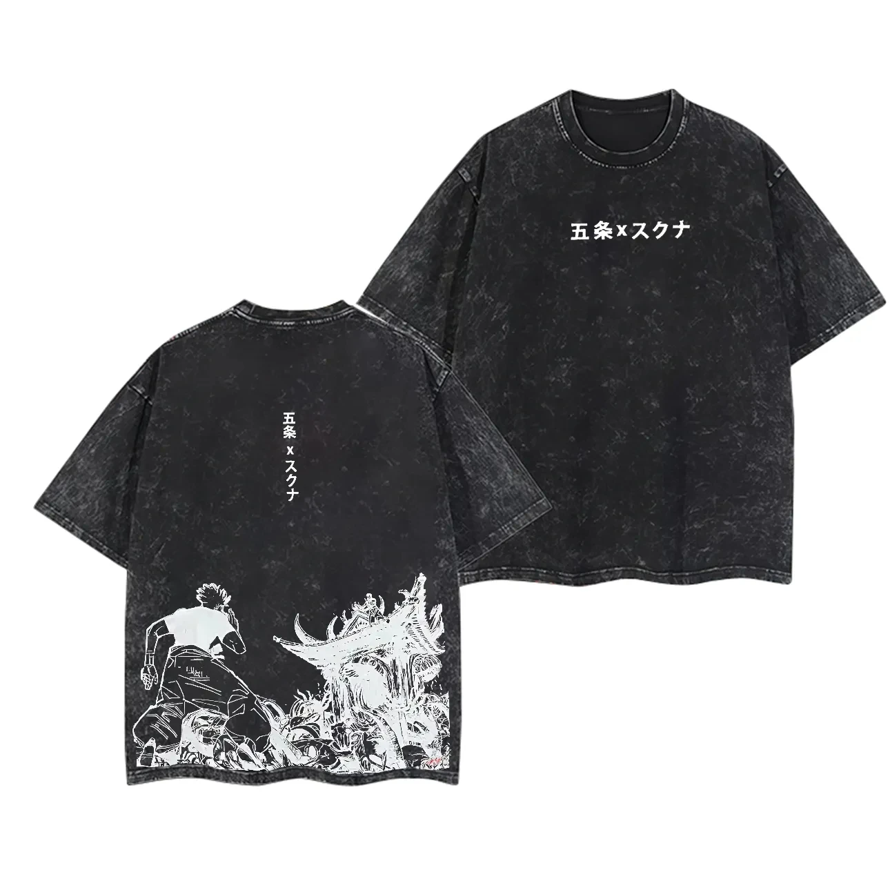 Jujutsu Kaisen Gojo vs. Sukuna T-Shirt mit Kampfgrafik für Herren, Acid Wash, Oversized Streetwear, Anime Retro Baumwoll-Oberteil