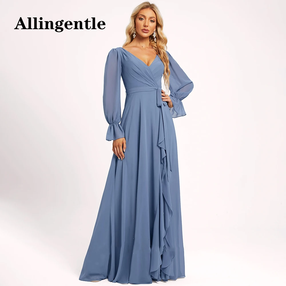 Allingentle Elegant V-Neck Bridesmaid Dresses for Wedding Full Sleeve Chiffon A-Line Evening Gown with Ruffles Slit Floor Length