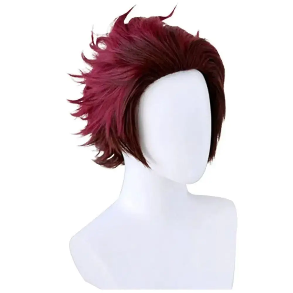 Kamado Yaiba Tanjiro Cosplay Wig 32cm Red Brown Wigs Heat Resistant Hair Cosplay Costume Wig + Wig Cap Send tattoo stickers