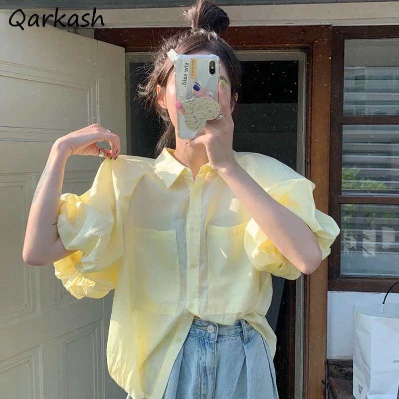 

Рубашки с пышными рукавами, женские винтажные стильные милые уличные рубашки для девочек, свободные летние шикарные топы с карманами, универсальные топы для отдыха с короткими рукавами