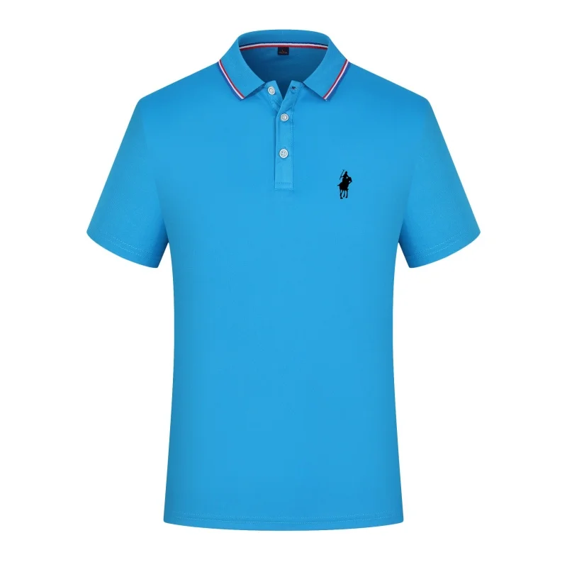 Herren Kurzarm-Poloshirt mit Emblem auf der linken Brust, mehrfarbigem Kragenbesatz, dreiknopfiger Knopfleiste, lässiges Business-Sommer-Oberteil T-Shirt – Detail 15