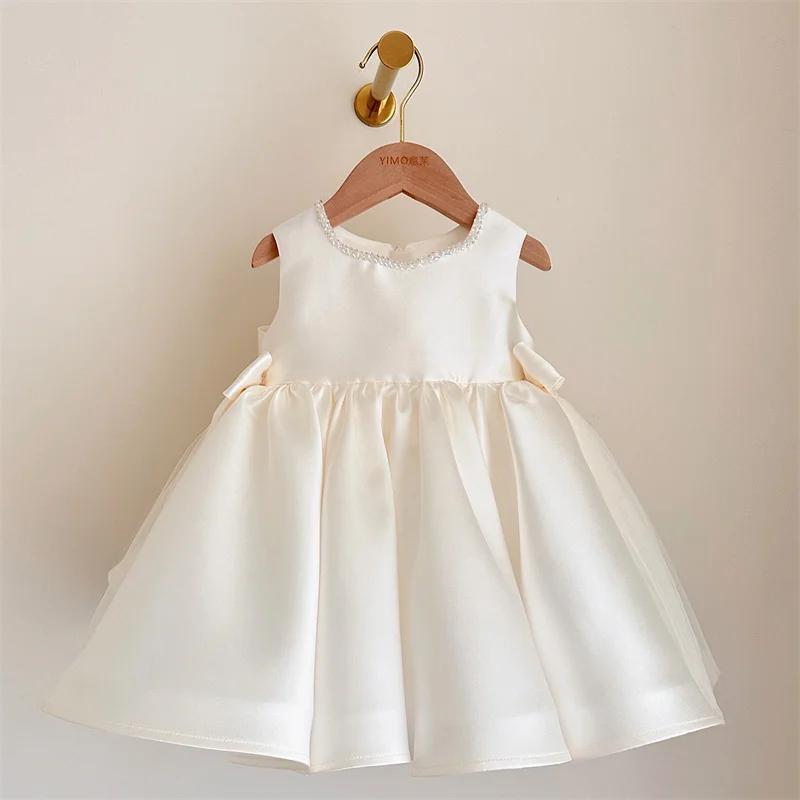 

Атласное платье принцессы с бантом и бисером для маленьких девочек, детское платье для первого причастия, бальное платье, платье для свадебной вечеринки, дня рождения