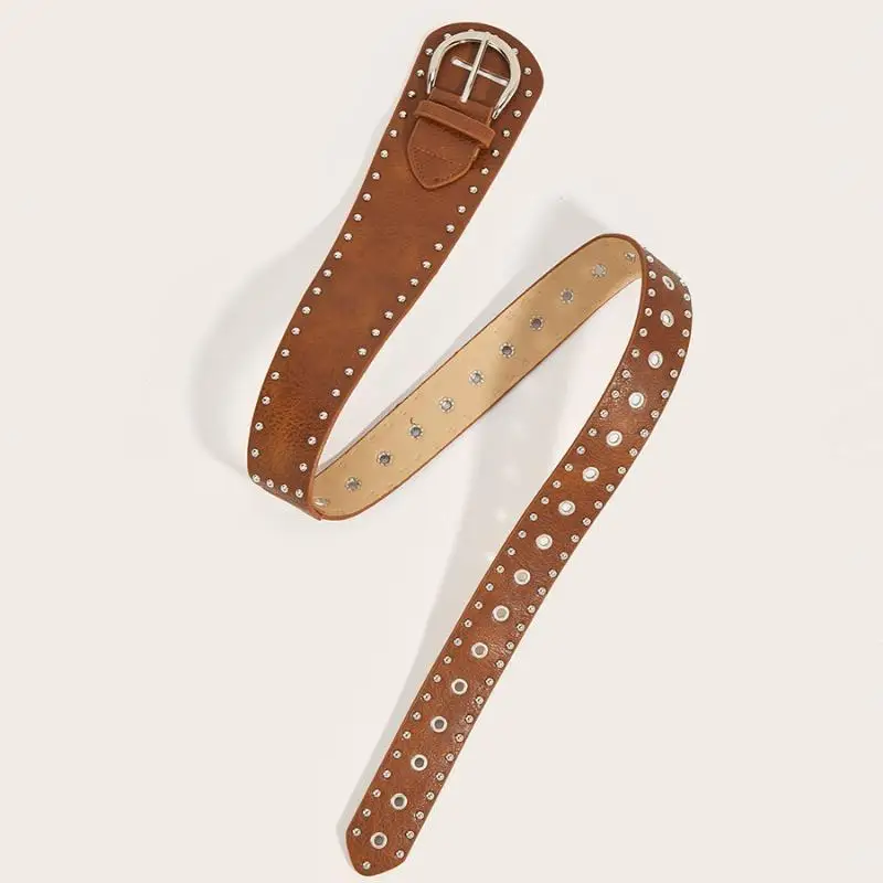 Schwarzbrauner Retro-Vintage-Nietengürtel mit Nieten-Design, Y2k Damen-Taillengürtel, schicker Punk-PU-Leder-Gürtel für Kleider und Jeans, Damen-Taillenband – Detail 6