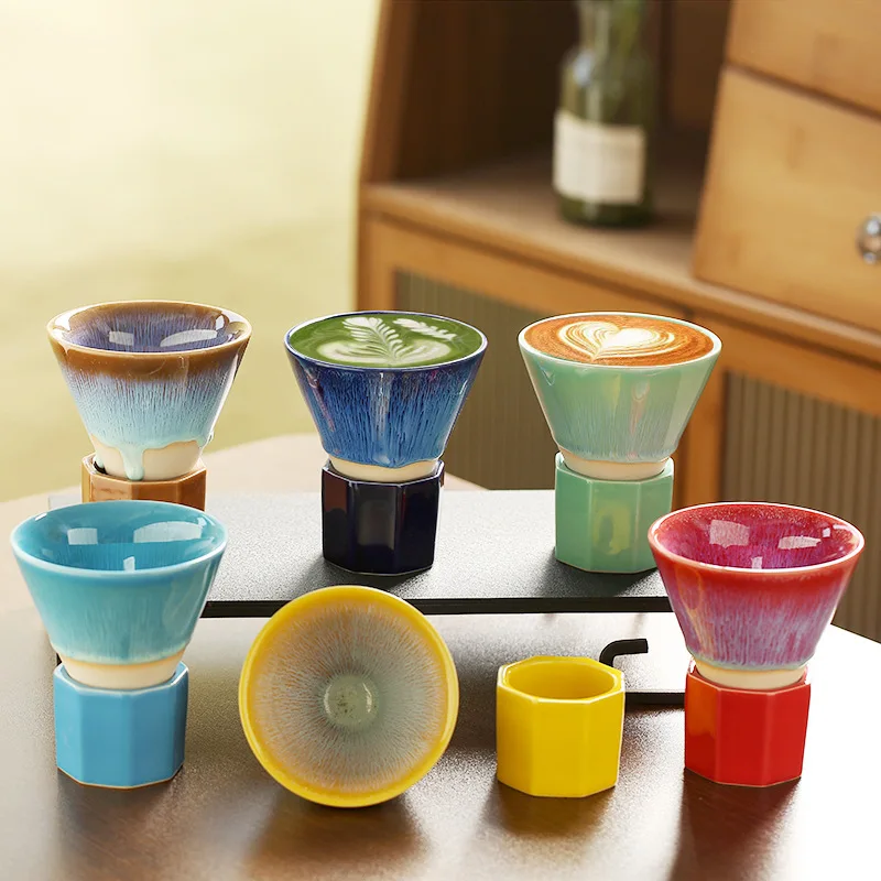 

Japanese Retro Ceramic Coffee Mugs Household Kitchen Kiln Change Flow Glaze Funnel Cup with Base Restaurant Dessert Utensils