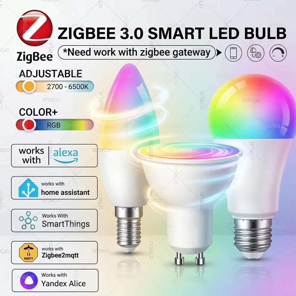 Zigbee 3.0 Smart LED-Glühbirne E27 E14 GU10 Lampen RGBCW Kompatibel mit Alexa Echo Yandex Alice Sprachsteuerung Home Assistant Z2MQTT