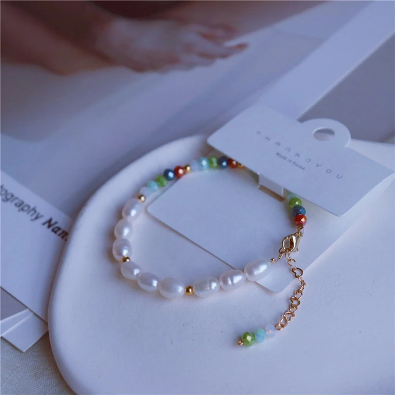 Fashion Freshwater Pearl Splicing Candy Colored Crystal Beads Bracelet for Women Leisure Vacation Style Jewelry Accessories