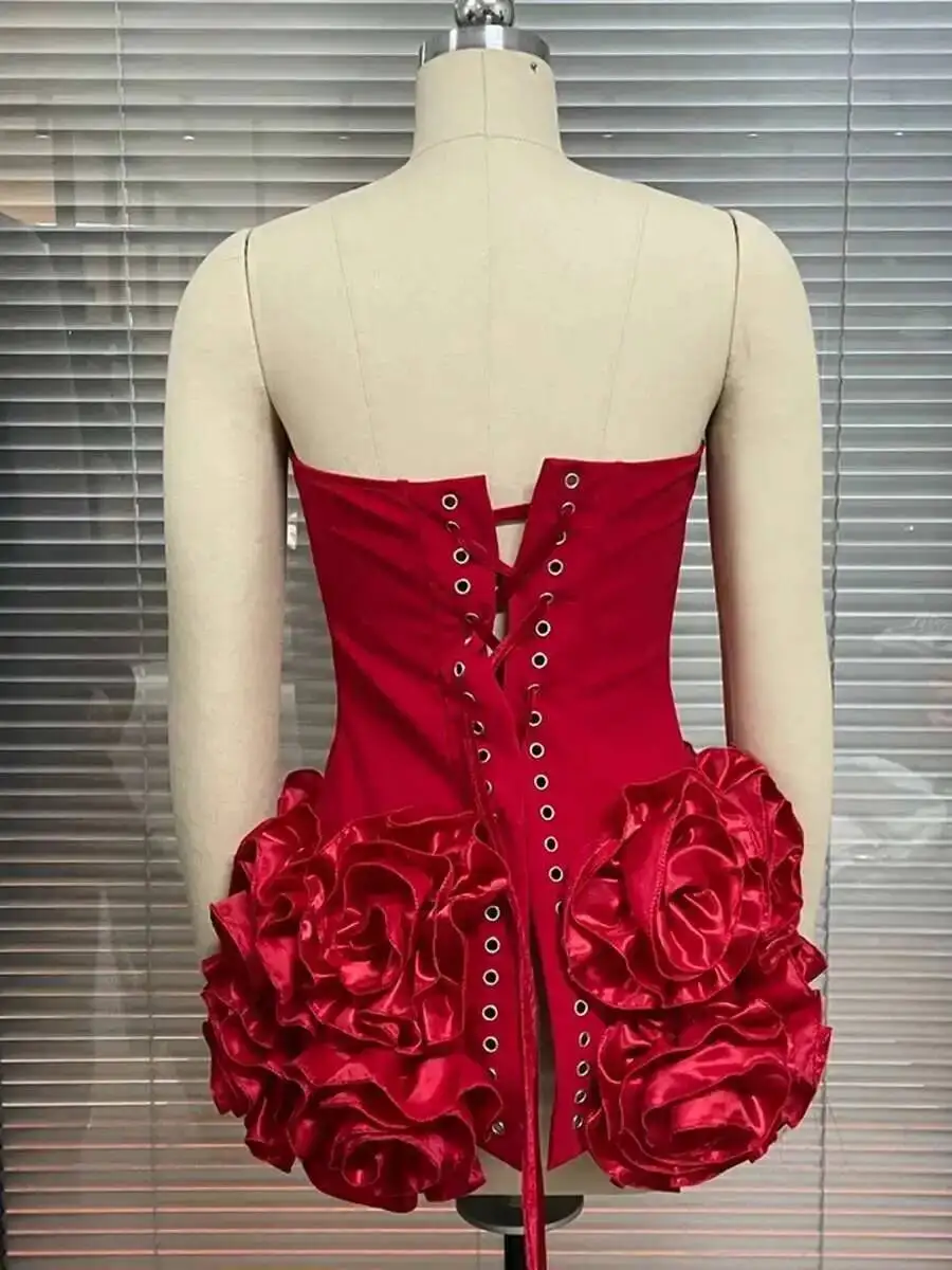 Red Solid Spliced Appliques Slim Backless Short Dresses For Women Strapless Sleevelss Patchwork Lace Up Dress Female Sexy