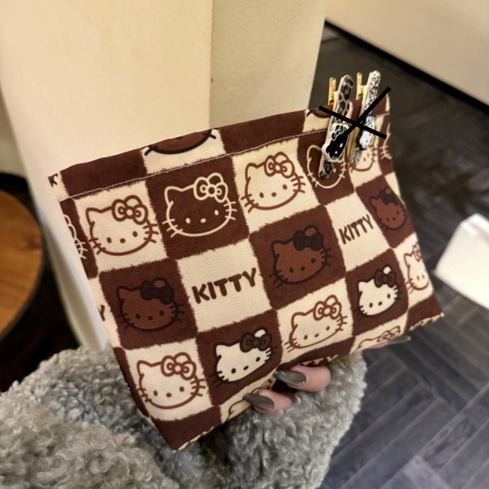 Olá kitty bolsa miniso dos desenhos animados marrom xadrez saco de maquiagem bonito impresso armazenamento portátil grande capacidade saco de armazenamento de viagem