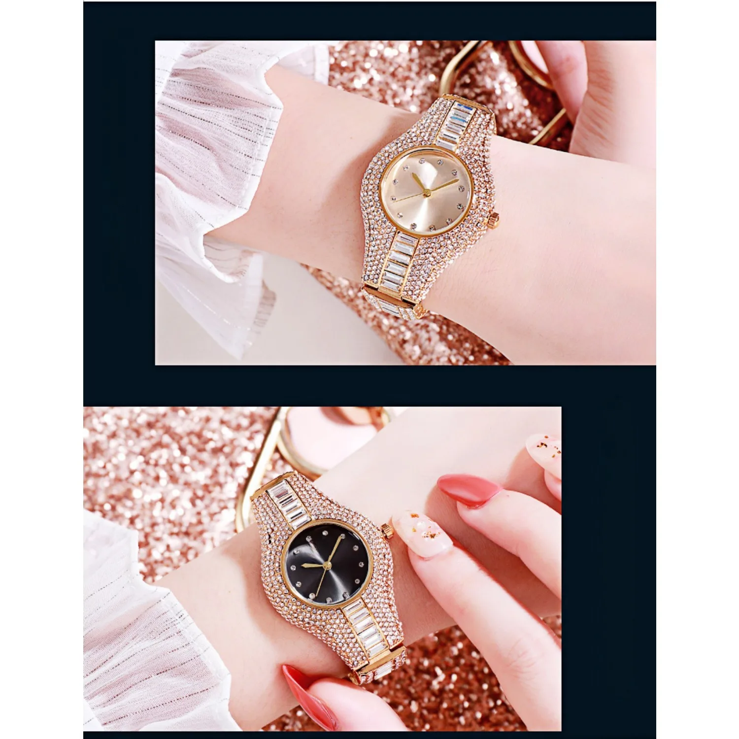 Stylish quartz watch with rhinestones link bracelet for dazzling look, stylish and luxurious