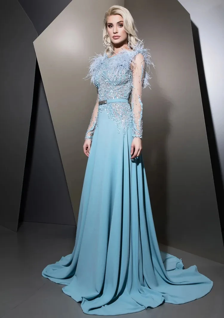 Light Sky Blue Feather Evening Dress Frisado Mangas Compridas A Line Prom Vestidos personalizados lantejoulas vestidos de festa formal para as mulheres