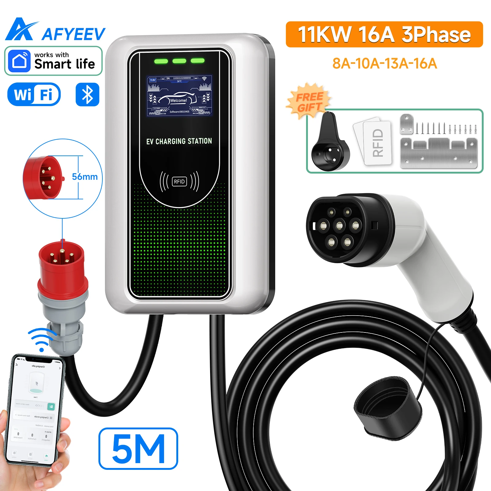 AFYEEV Type2 EV-oplader 32A 7,6KW laadstation Autolader 11KW 22KW 3 fase EVSE Wallbox APP Bluetooth WiFi-afstandsbediening