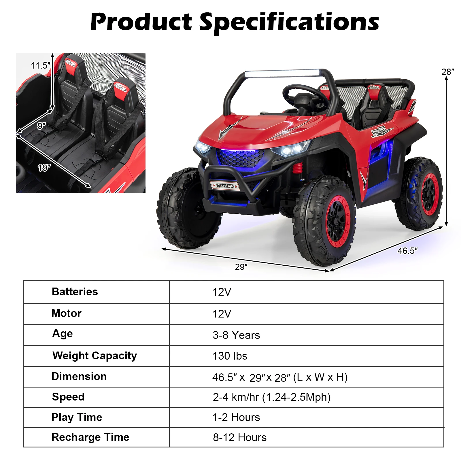 12V 2-Seater Kids Ride On UTV RC Electric Vehicle Suspension w/ Lights & Music