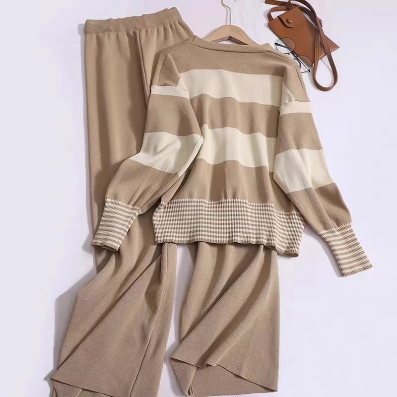 Winter New In Matching Set Elegant Women\'s Set Casual Stripe Sweater Cardigans Women\'s Long Sleeve Top Wide Leg Pants Knitwear