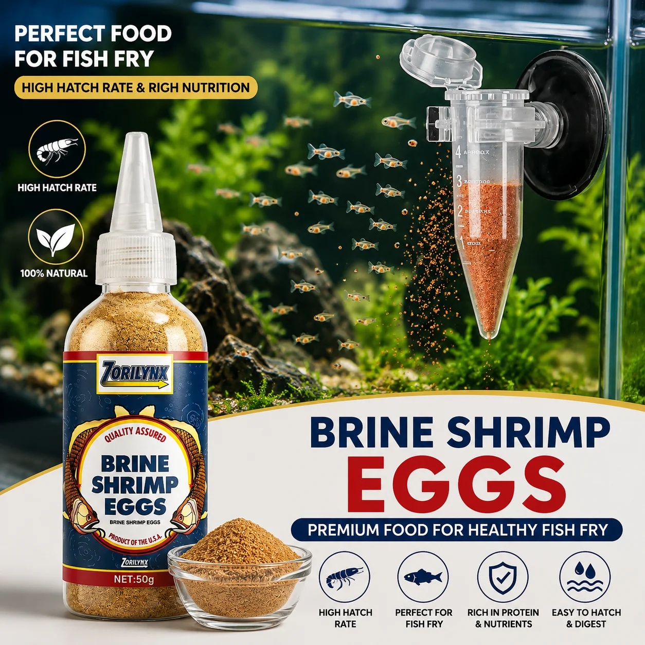 Huevos de Artemia Decapsulados Premium ZORILYNX 50g, No Requiere Incubación, Alimento Directo de Alta Proteína para Alevines de Peces Tropicales