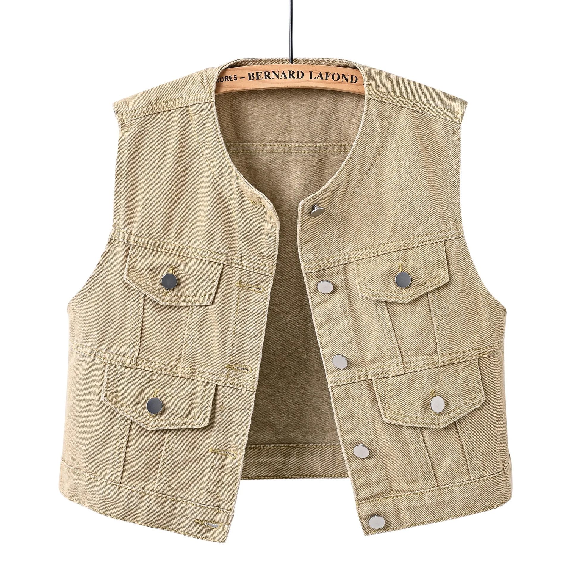 Women's Slim Fit Denim Vest Trendy round Neck Sleeveless Casual Fashion Short Vest Shoulder Detail