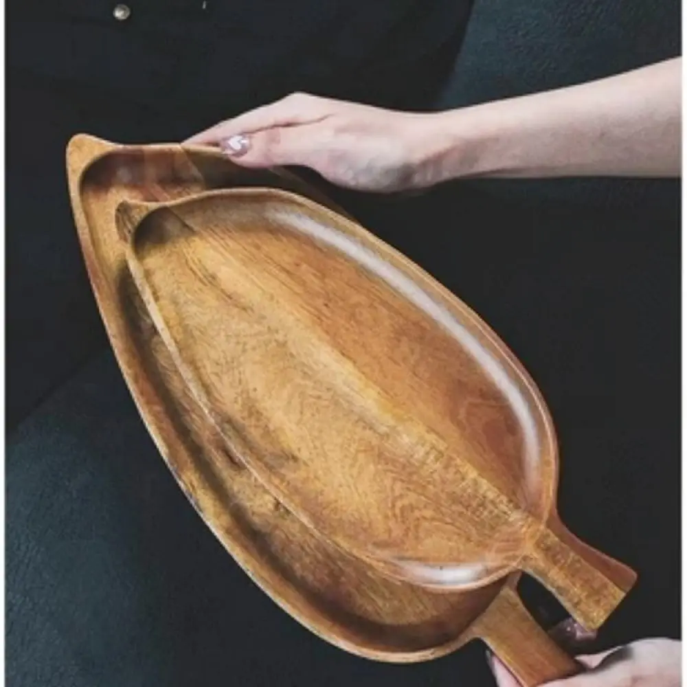 Organic Acacia Wood Serving Tray Leaf Pattern Aesthetic Snack Dish Kitchen Utensils For Sushi Fruit Food Display Plate
