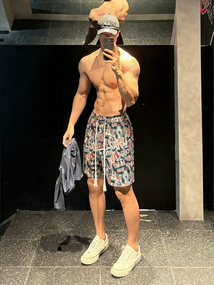 

Мужские летние спортивные брюки American Fiti Fitnorts с высокой талией, в этническом стиле, для активного отдыха, пляжные, повседневные, укороченные (5/4)