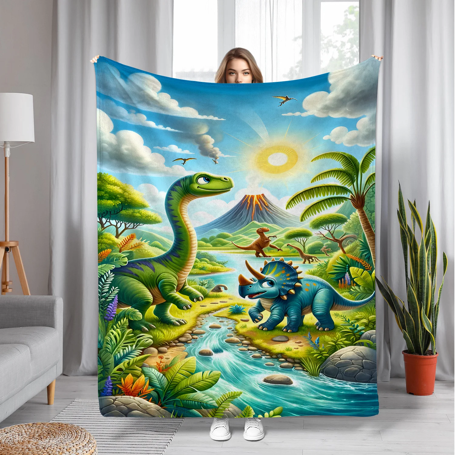 

Prehistoric dinosaur-themed Flannel printed blanket suitable for all seasons suitable for living room office sofa and travel