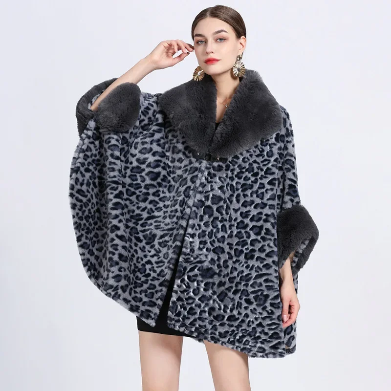 

Europe, America, autumn and winter new velvet thickened imitation Rex rabbit fur collar cape large size woolen coat cardigan