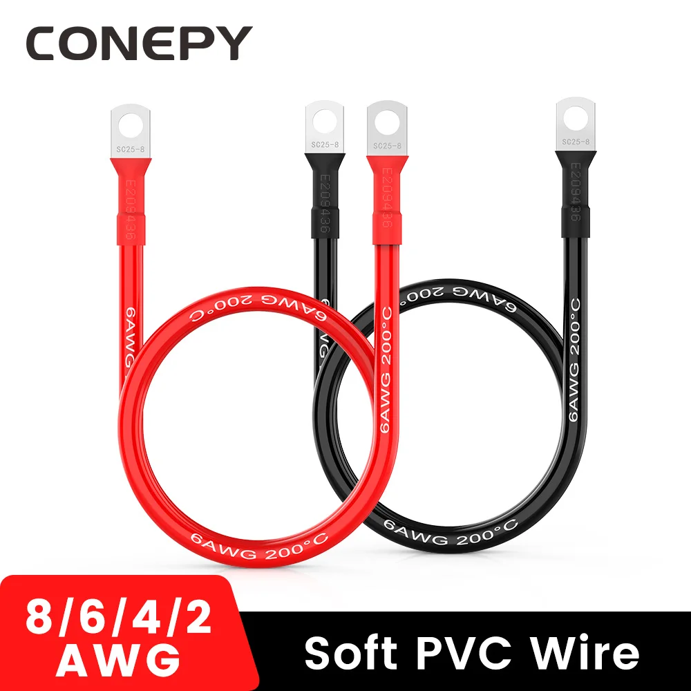 

CONEPY Красный Черный 2 4 6 8 AWG Аккумуляторный силиконовый кабель с наконечником M6 M8 M10 Для автомобильного инвертора солнечной энергии Морская лодка RV Car