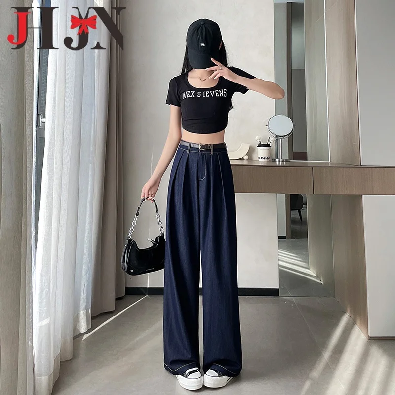 JHJN كامل طول امرأة الدنيم السراويل واسعة الساق السراويل عالية الخصر ملابس غير رسمية فضفاضة قيعان فتاة جديدة الملابس التنفس ثنيات