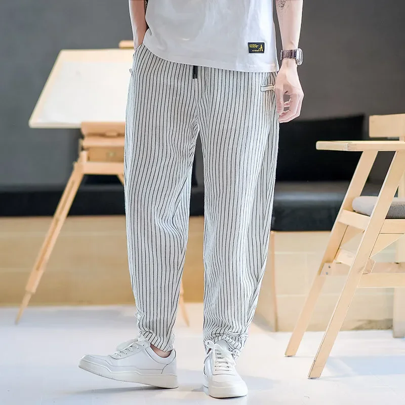 GELITAYIN Summer Thin Striped Cotton And Linen Male Cropped Trousers Plus Size New In Trend Cheap Xxxl Fashion Men's Casual Hare
