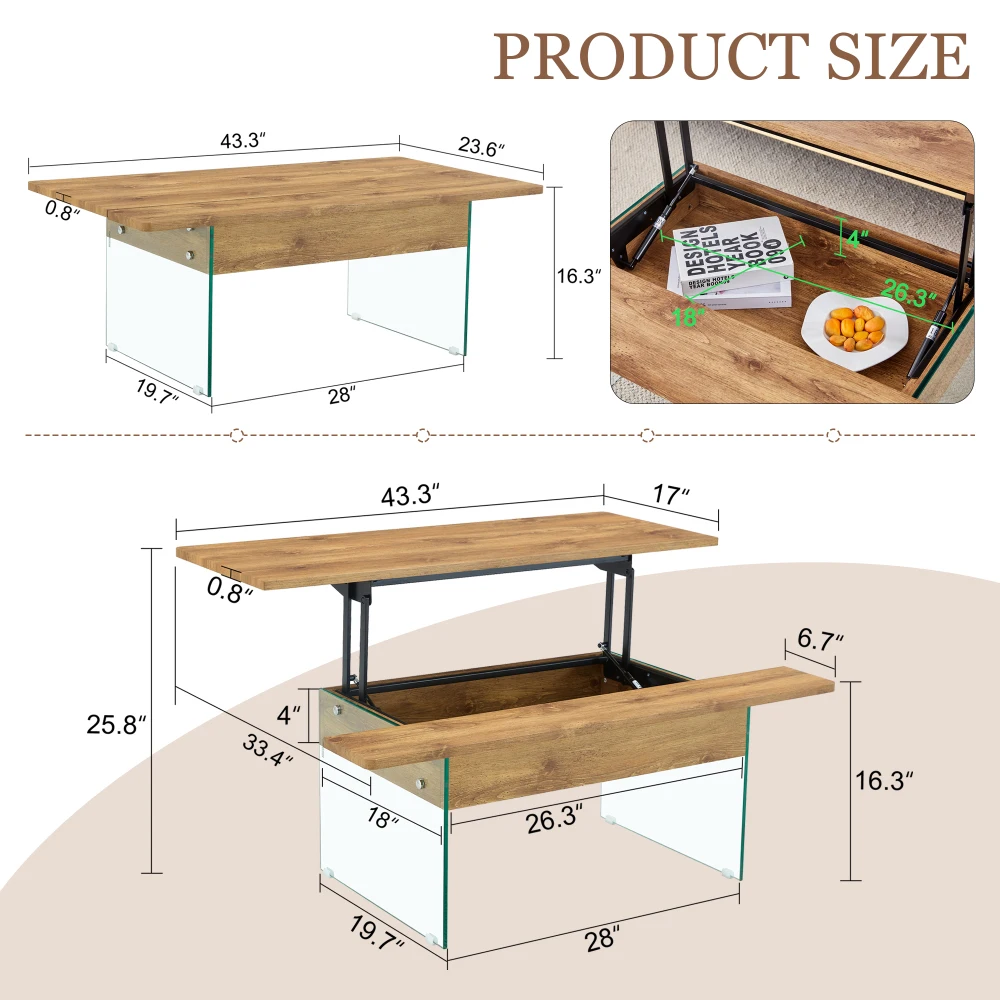 Mesa de centro elevable multifuncional, pegatina con textura de madera oscura, patas de vidrio templado, función superior elevable. Mesa de centro