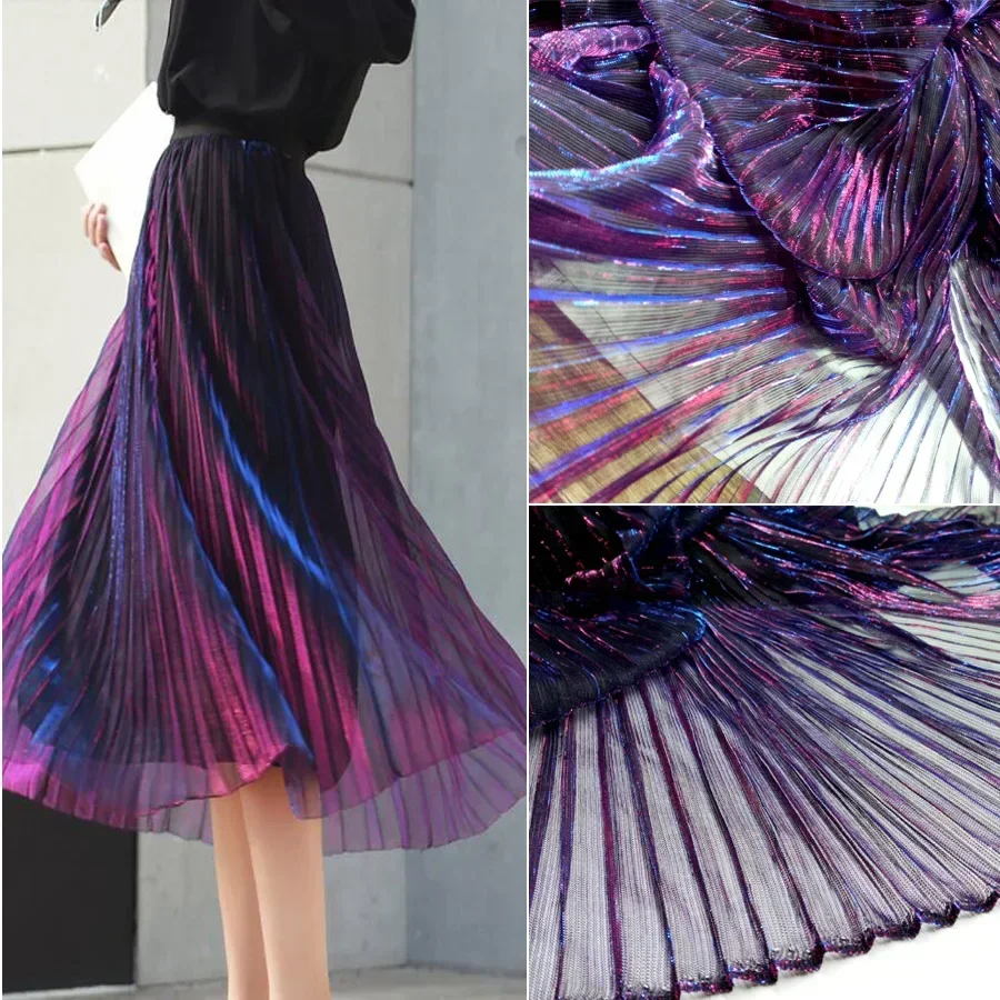 Evening Dress Fabric Party Gown Flashing Mesh Rridescence Pleated Magic Color Wedding Cosplay Material