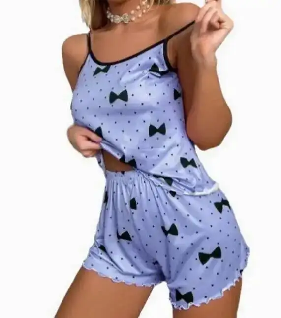 

Summer Sexy Small Strap Heart Print Shorts Sets Homewear For Women Backless Deep V Sleeveless Round Neck Shorts Sets Casaul 7XGC
