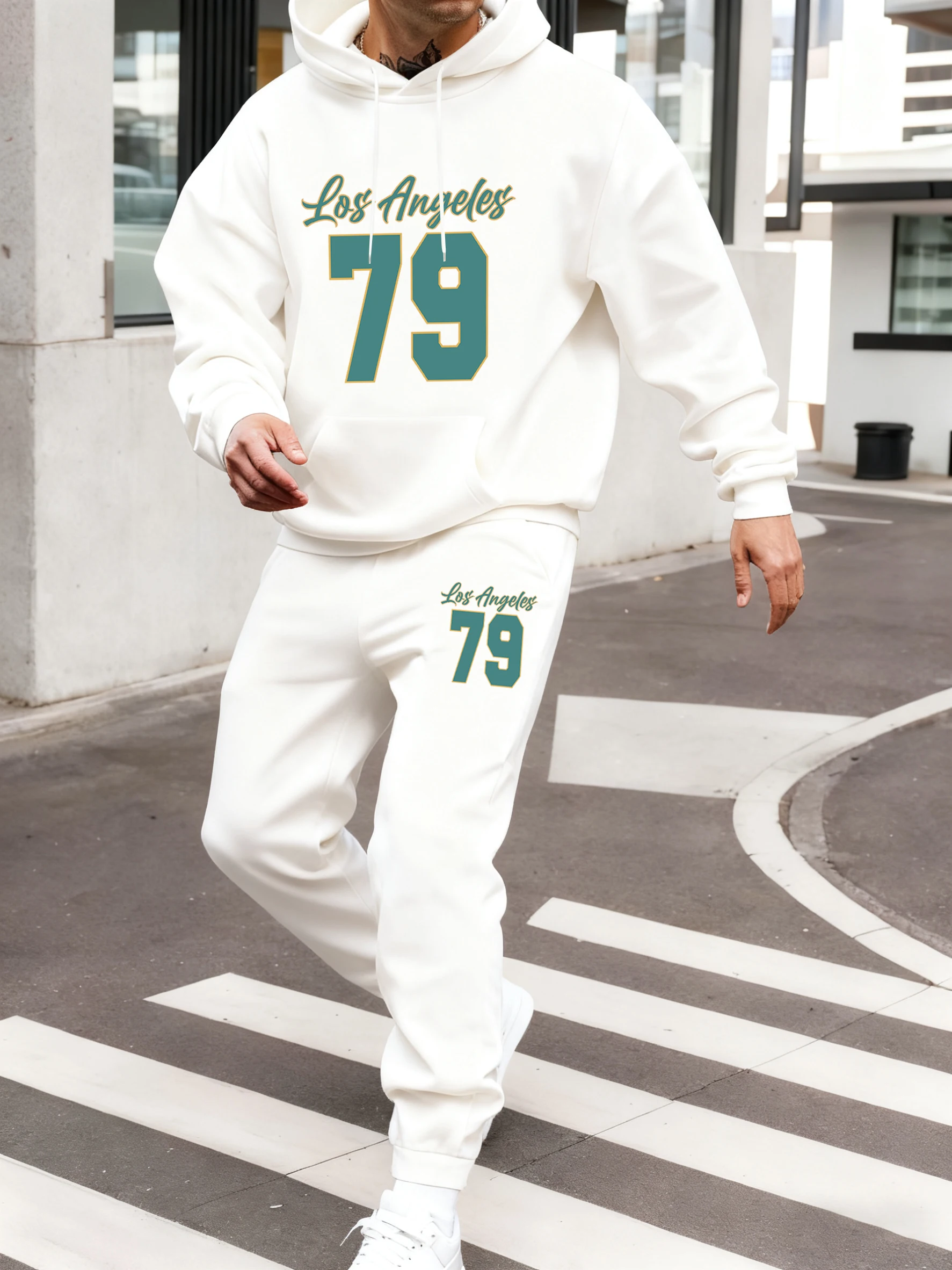 

Лос-Анджелес номер 79, мужские мягкие модные комплекты с капюшоном и буквенным принтом, повседневная одежда с карманами, осенние флисовые спортивные штаны, удобные спортивные штаны