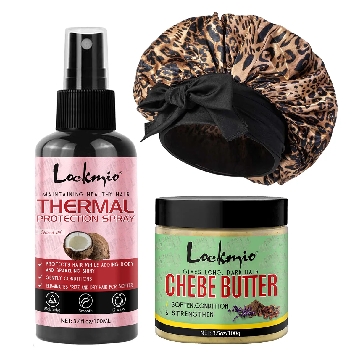 Spray Protector de Calor, Manteca de Chebe, Gorro Satinado con Estampado de Leopardo, Set de Cuidado Capilar con Ingredientes Naturales para Suavizar e Hidratar el Cabello