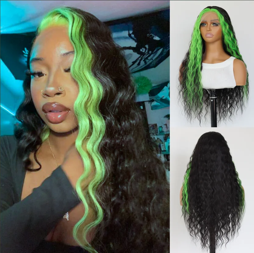 SALLYWELL Black Long Curly Green Striped Lace Front Synthetic Wig 13x4 Curly Lace Frontal Wig