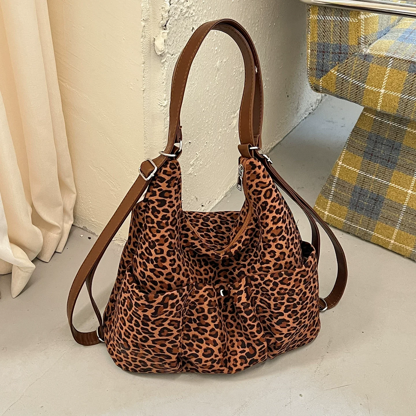 Leopard Print Hobo Bag Women Autumn Large Capacity Pleated Shoulder Backpack Multi‑use Casual Daily Commute Crossbody Handbag