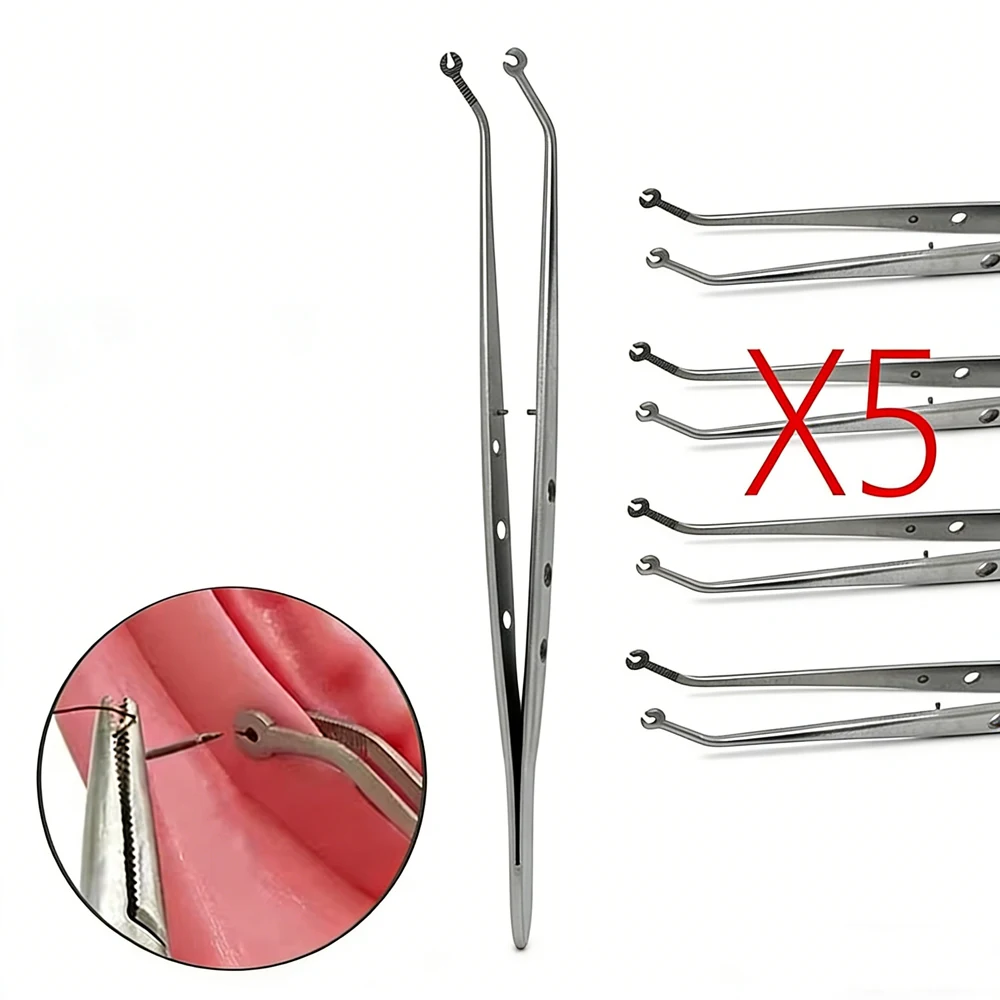 5 PCS Dental Stitching Tweezers with Serrated Tips for Needle Handling Wound Care Clinic Lab Tools
