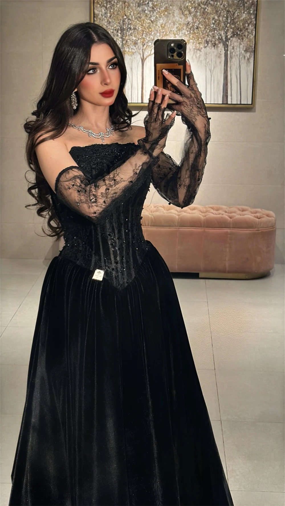 فستان Sansa مخصص أسود على شكل حرف a مزين بالترتر للحفلات الراقصة بدون حمالات دانتيل فيستدوس دي نوش طول الأرض سهرة رسمية 2025 #4