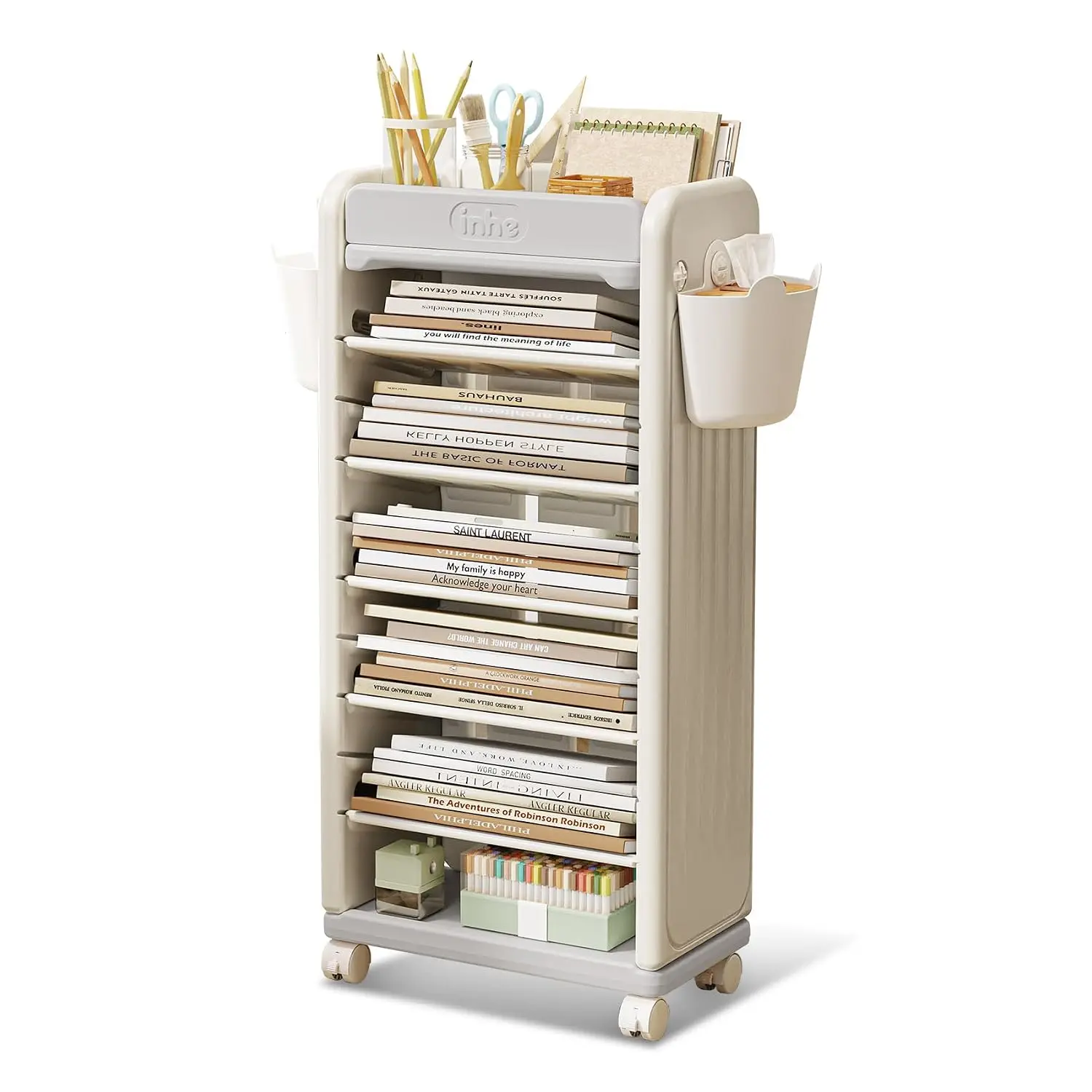 7 Tier Mobile Book Cart & Rolling Storage Shelf with Wheels for Home Office Classroom, Customized