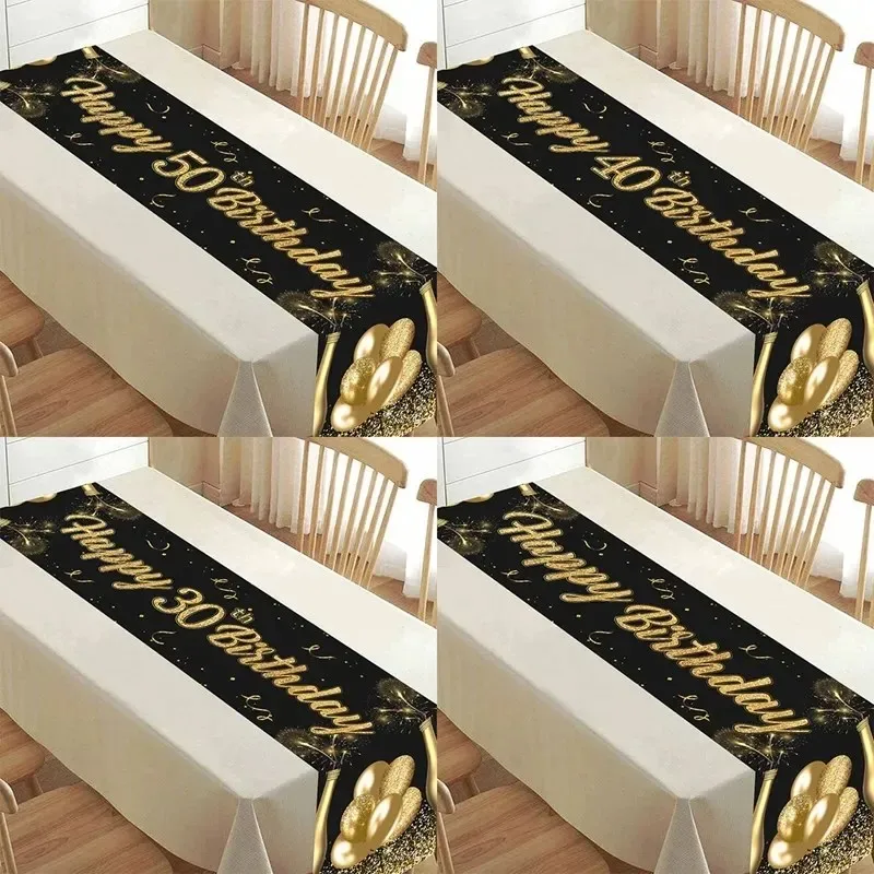 VIKAMA „Happy Birthday“ Tischläufer mit schwarzem Golddruck. Schmutzabweisende, waschbare Tischdecke im Esszimmer, Party-Heimdekoration